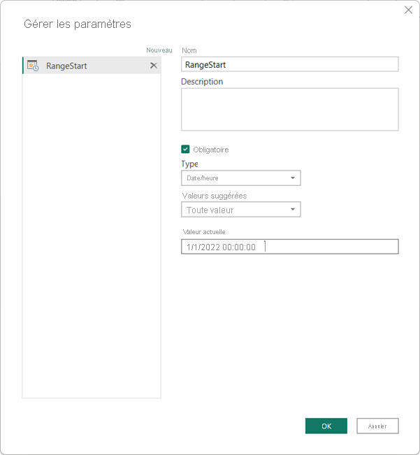 Define the Range Start parameter in the Manage Parameters dialog.