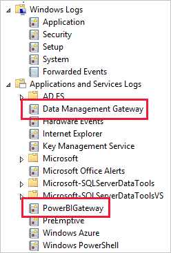 Capture d’écran montrant les journaux Gestion des données Gateway et PowerBIGateway dans le répertoire Applications et Journaux de service.