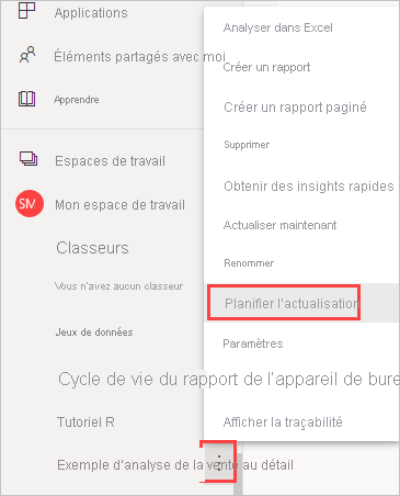 Capture d’écran montrant la sélection de planifier l’actualisation dans le volet de navigation.