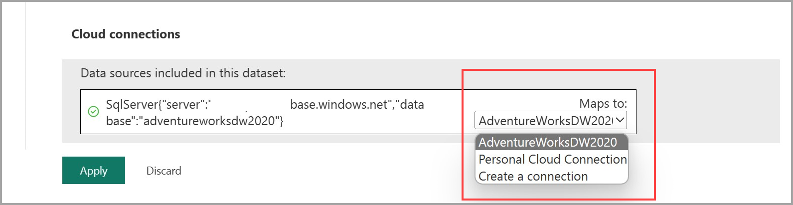 Capture d’écran de la sélection d’une connexion cloud partageable pour un modèle sémantique.