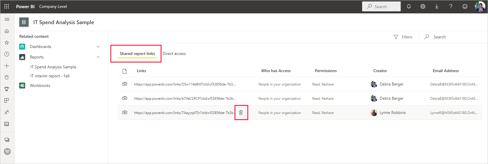 Capture d’écran de l’onglet des liens de rapports partagés sur la page de gestion des autorisations du modèle sémantique.