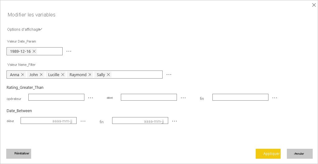 Capture d’écran montrant la boîte de dialogue Modifier les variables dans le service Power BI.