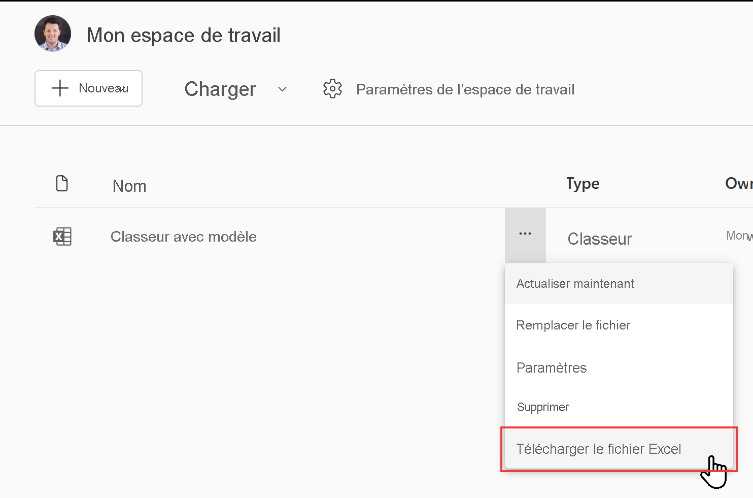 Capture d’écran illustrant l’option de téléchargement de fichiers Excel pour les classeurs locaux.