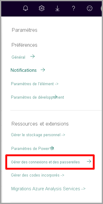 Capture d’écran montrant l’icône d’engrenage avec son menu contextuel avec l’option Gérer les connexions et les passerelles sélectionnée.