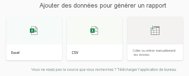 Capture d’écran des choix sous Ajouter des données pour commencer à créer un rapport.