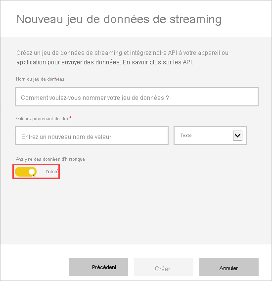 Capture d’écran du nouveau modèle sémantique de diffusion en continu, montrant l’analyse des données historiques activée.