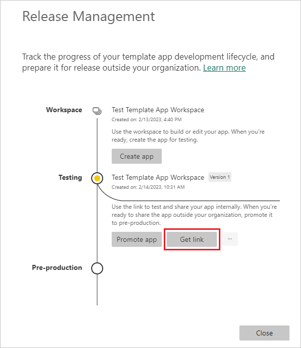 Capture d’écran du volet Gestion des mises en production avec le lien Obtenir mis en évidence.