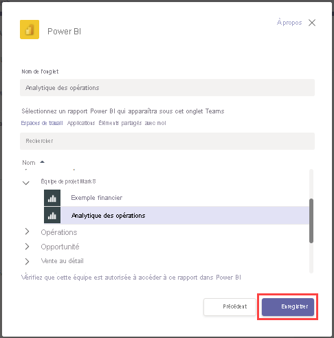 Capture d’écran de la fenêtre Ajouter un onglet et de Power BI avec le bouton de sauvegarde mis en évidence.