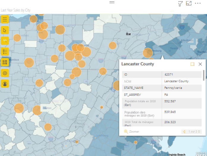 Screenshot of map zoomed in to Lancaster County and displaying tooltip.