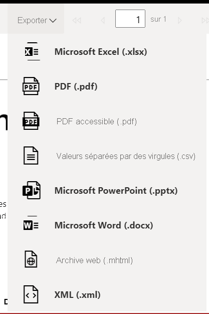 Screenshot showing the formats for exporting a paginated report.