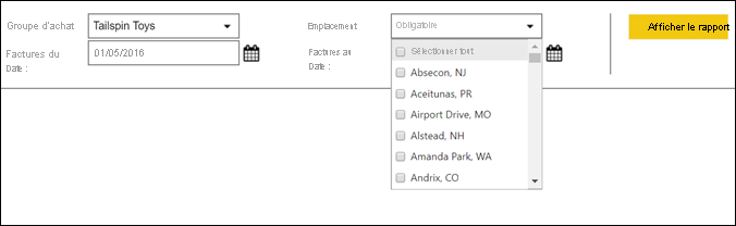 Screenshot showing the parameters for the report.