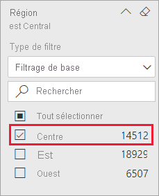 Capture d’écran du filtre Région développé et de l’option Centre sélectionnée.