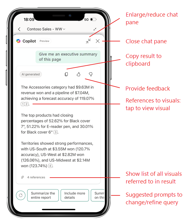 Capture d’écran expliquant les fonctionnalités du volet de conversation Copilot dans Power BI Mobile.