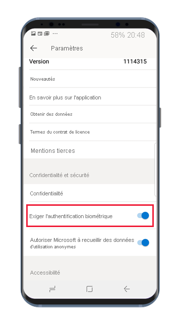 Power BI Android app setting page