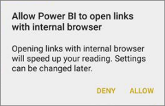 Capture d’écran d’une boîte de dialogue montrant l’autorisation de Power BI à ouvrir des liens avec un navigateur interne.