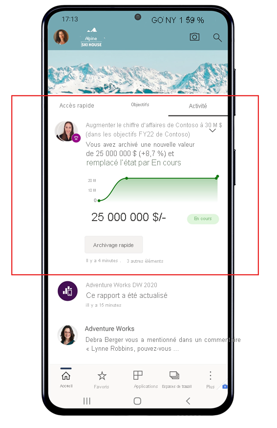 Capture d’écran de la mise à jour des objectifs dans le flux d’activité
