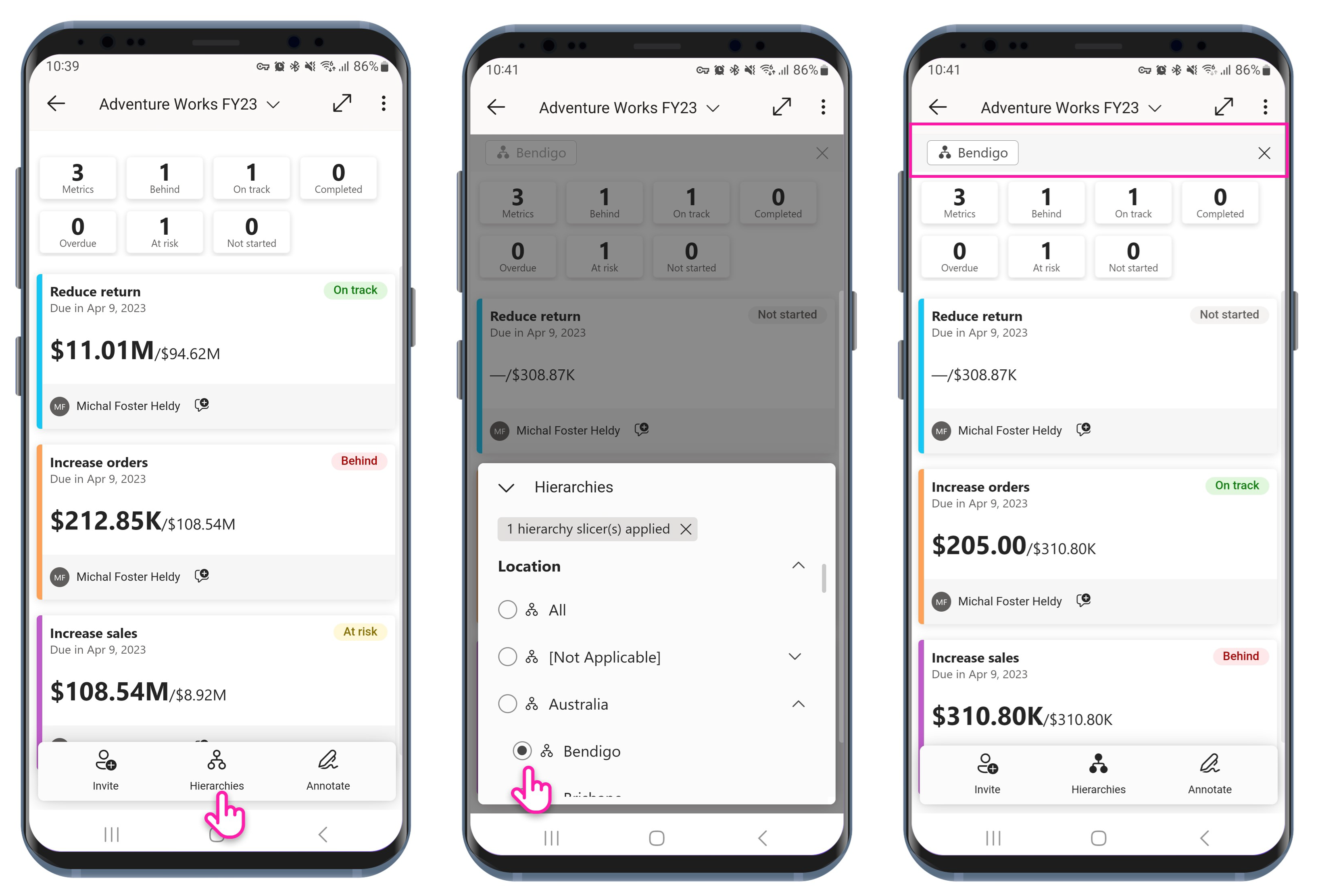 Capture d’écran montrant des hiérarchies de métriques Power BI dans l’application mobile Power BI.