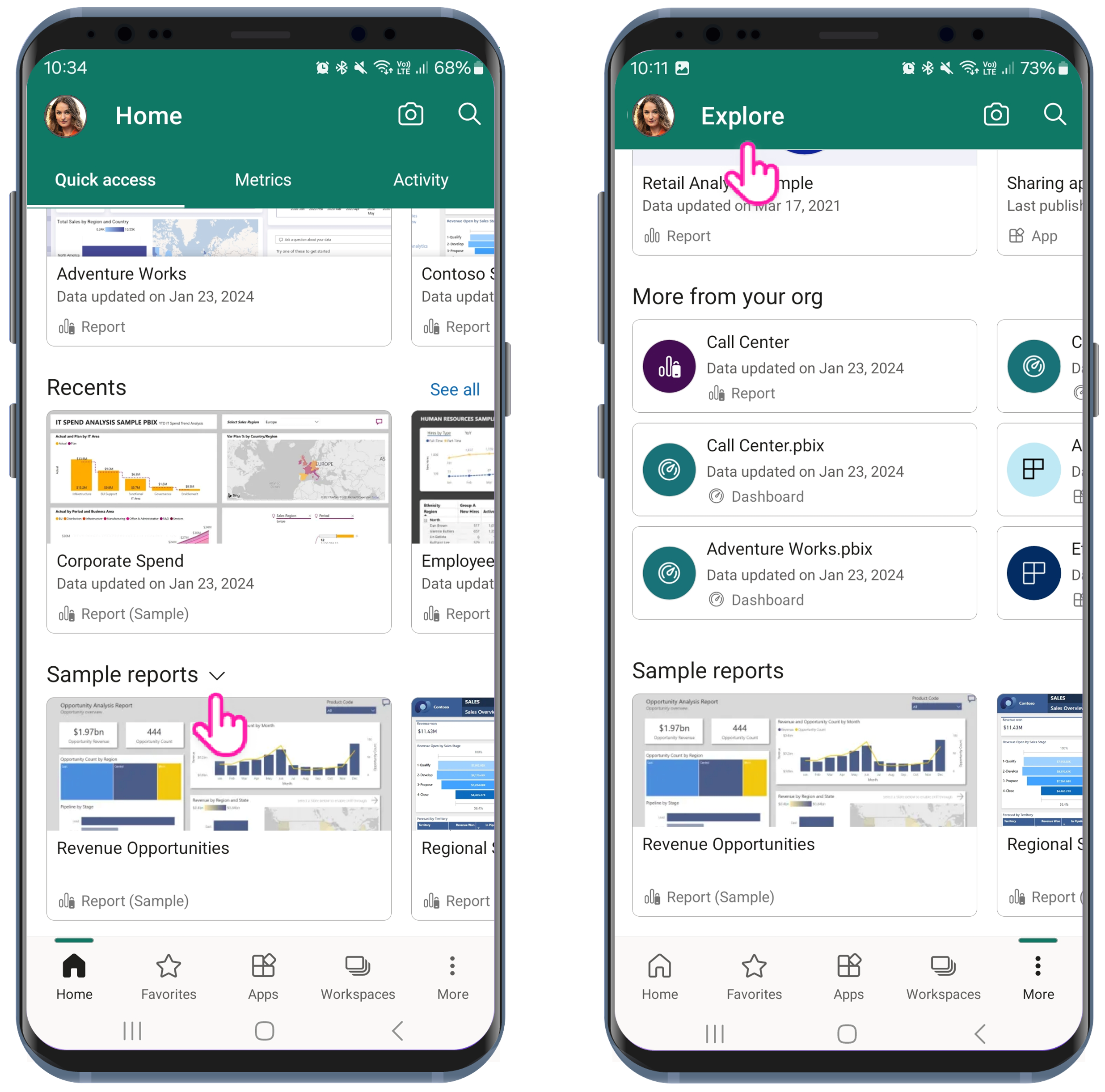 Capture d’écran montrant des exemples de rapports téléchargeables sur les pages d’accueil et d’exploration pour les mobiles.