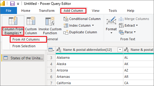 Capture d’écran de l’Éditeur Power Query, mettant en évidence Ajouter une colonne, Colonne à partir d’exemples et À partir de toutes les colonnes.