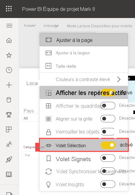 Capture d’écran montrant comment activer le volet Sélection dans le service Power BI.