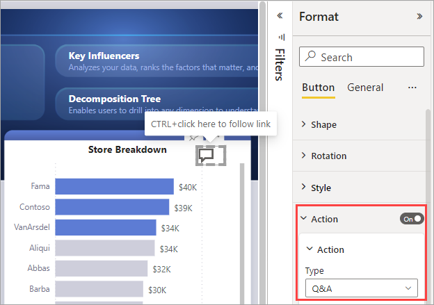 Capture d’écran montrant un bouton Q&A dans Power BI.