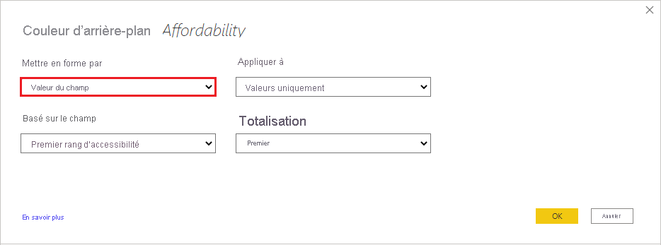 Dialog of Format style for background color of Affordability column: Format style drop down is set to Field value.