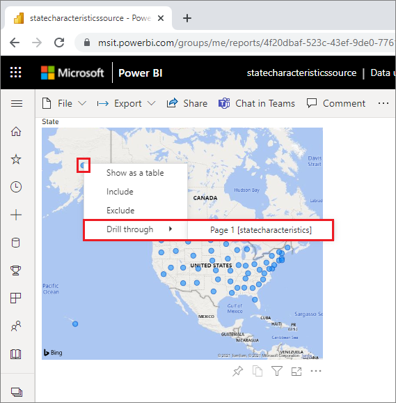 Capture d’écran montrant l’option d’extraction interrapport de Power BI.