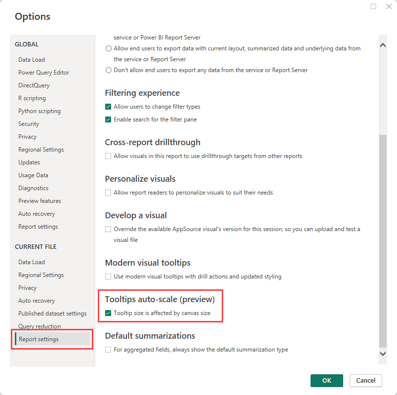 Capture d’écran montrant la case à cocher Taille de l’info-bulle affectée par la taille du canevas dans Power BI Desktop.