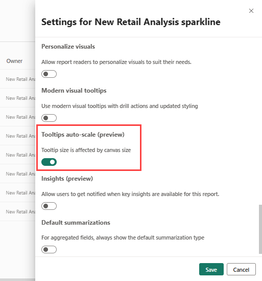 Capture d’écran montrant la case à cocher Taille de l’info-bulle affectée par la taille du canevas dans le service Power BI.