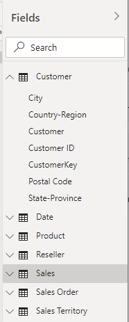 Capture d’écran de Sélectionnez la table Sales dans la liste Champs.