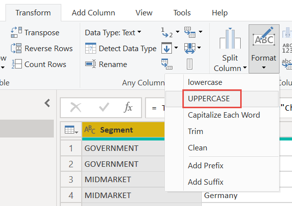 Capture d’écran de la modification des en-têtes minuscules en majuscules.