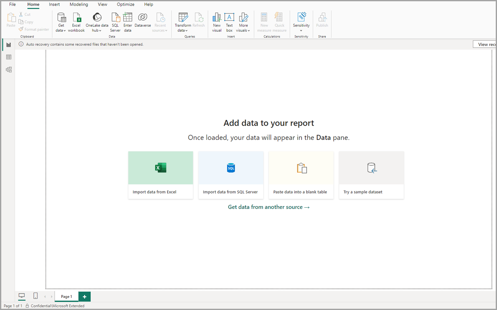 Screenshot of a blank report canvas in Power BI Desktop.