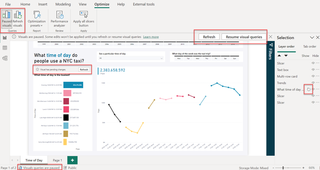 Capture d’écran des options Optimiser et Interrompre les visuels dans le ruban.