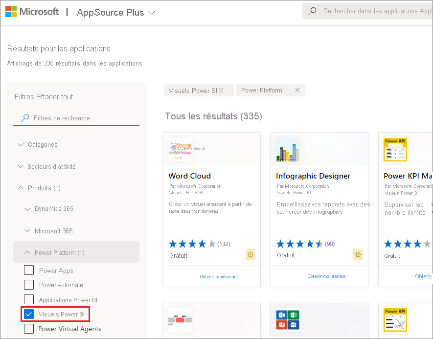 Capture d’écran d’AppSource avec visuels Power BI sélectionnés dans le volet gauche.