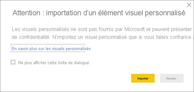 Capture d’écran montrant l’avertissement lors de l’importation d’un visuel personnalisé dans Power BI Desktop.