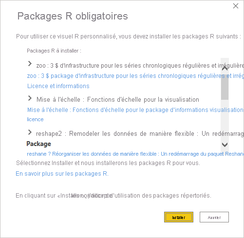 Capture d’écran montrant les packages R qui doivent être installés pour le visuel personnalisé optimisé basé sur R.