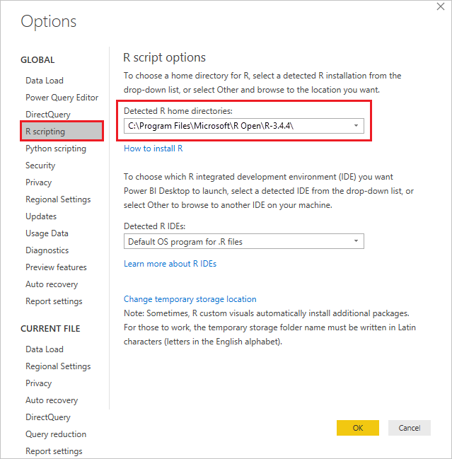 Capture d’écran de la page d’options de script R, mettant en évidence les répertoires de base R détectés.