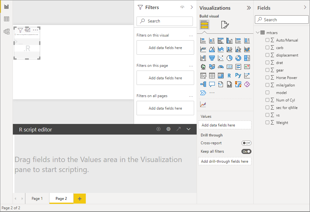 Capture d’écran de l’éditeur de script Power BI R.