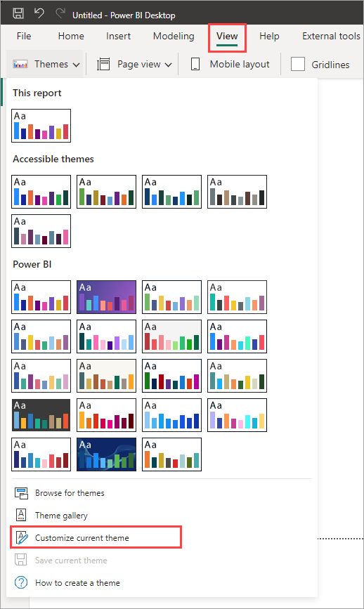 Capture d’écran du menu déroulant Thèmes de Power BI, mettant en évidence Personnaliser le thème actif.