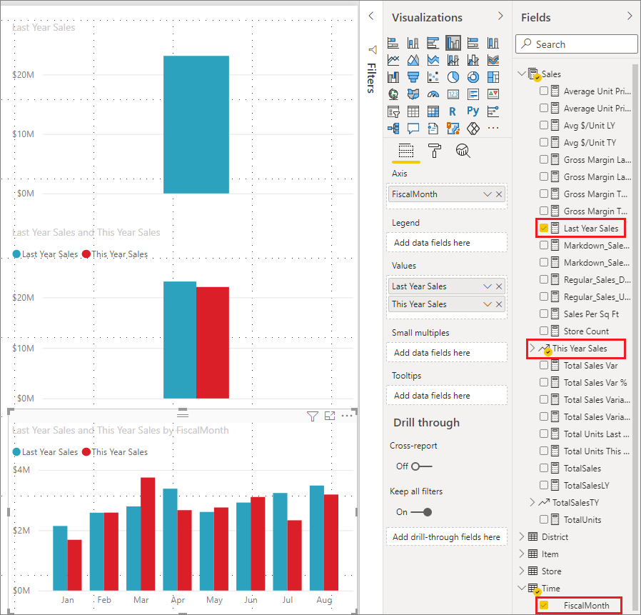 Screenshot showing how to add a visual by dragging from the Fields pane.