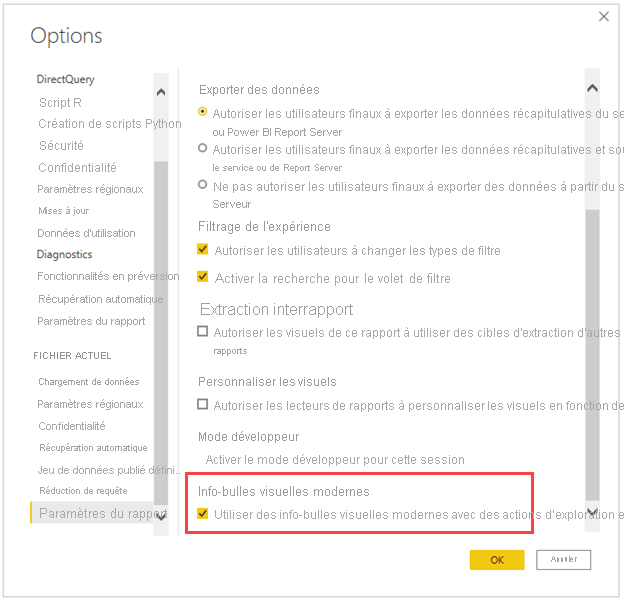 Capture d’écran de la boîte de dialogue Options, avec la case à cocher Info-bulles de visuels modernes mise en évidence.