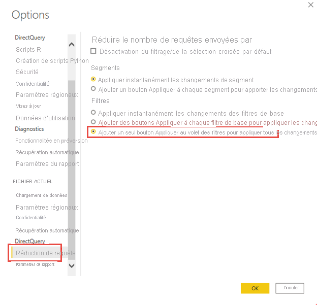 Capture d’écran du menu Options, mettant en surbrillance Ajouter un seul bouton Appliquer au volet des filtres pour appliquer tous les changements à la fois.