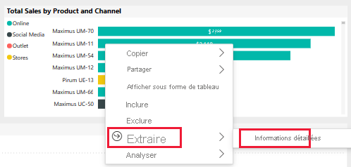 Screenshot shows the context menu for a data field with Drill through, then Detailed Info selected.