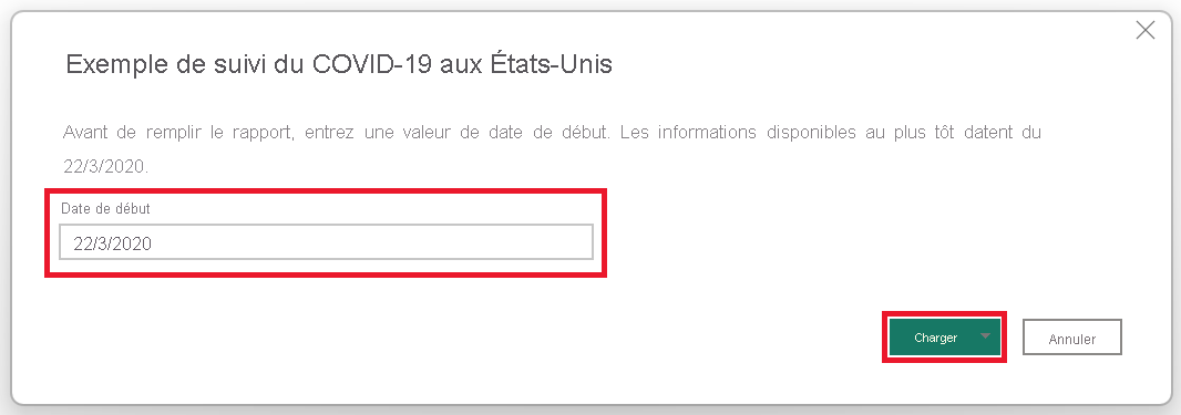 Capture d’écran montrant la configuration du paramètre Date de début.