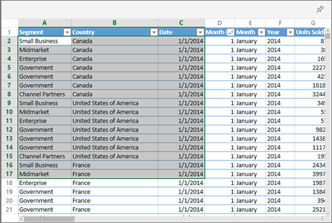 Capture d’écran montrant des cellules sélectionnées dans un classeur Excel.