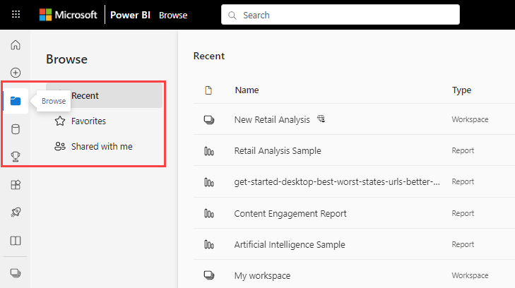 Capture d’écran de la nouvelle page Parcourir dans le service Power BI.