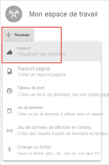 Capture d’écran de Mon espace de travail, mettant en évidence le menu déroulant Nouveau et l’option Nouveau rapport.