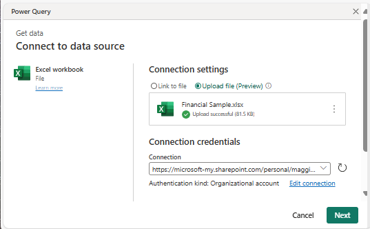 Capture d’écran de la boîte de dialogue Power Query, mettant en évidence la boîte de dialogue Se connecter à la source de données.