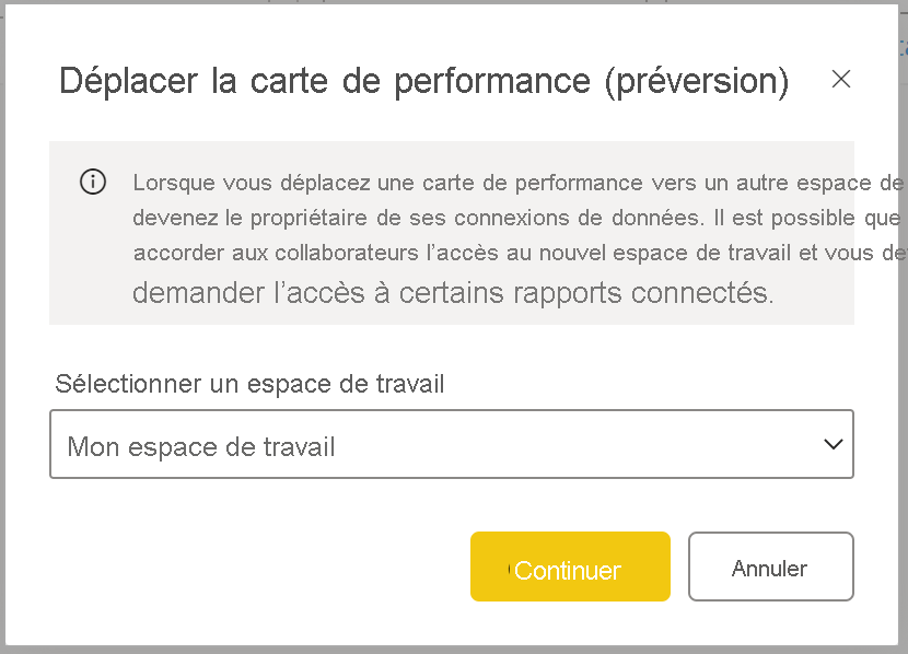 Capture d’écran de la confirmation du déplacement d’une carte de performance vers un autre espace de travail et liste déroulante pour sélectionner l’espace de travail approprié.