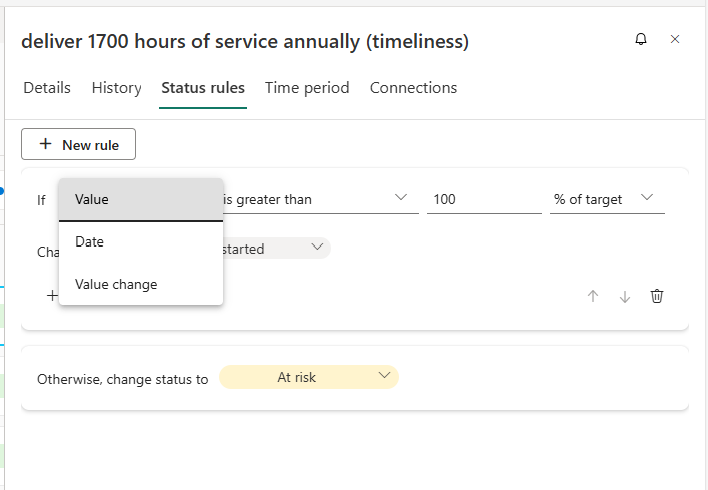 Capture d’écran de la première liste déroulante de l’interface utilisateur des règles montrant la date ou la valeur.